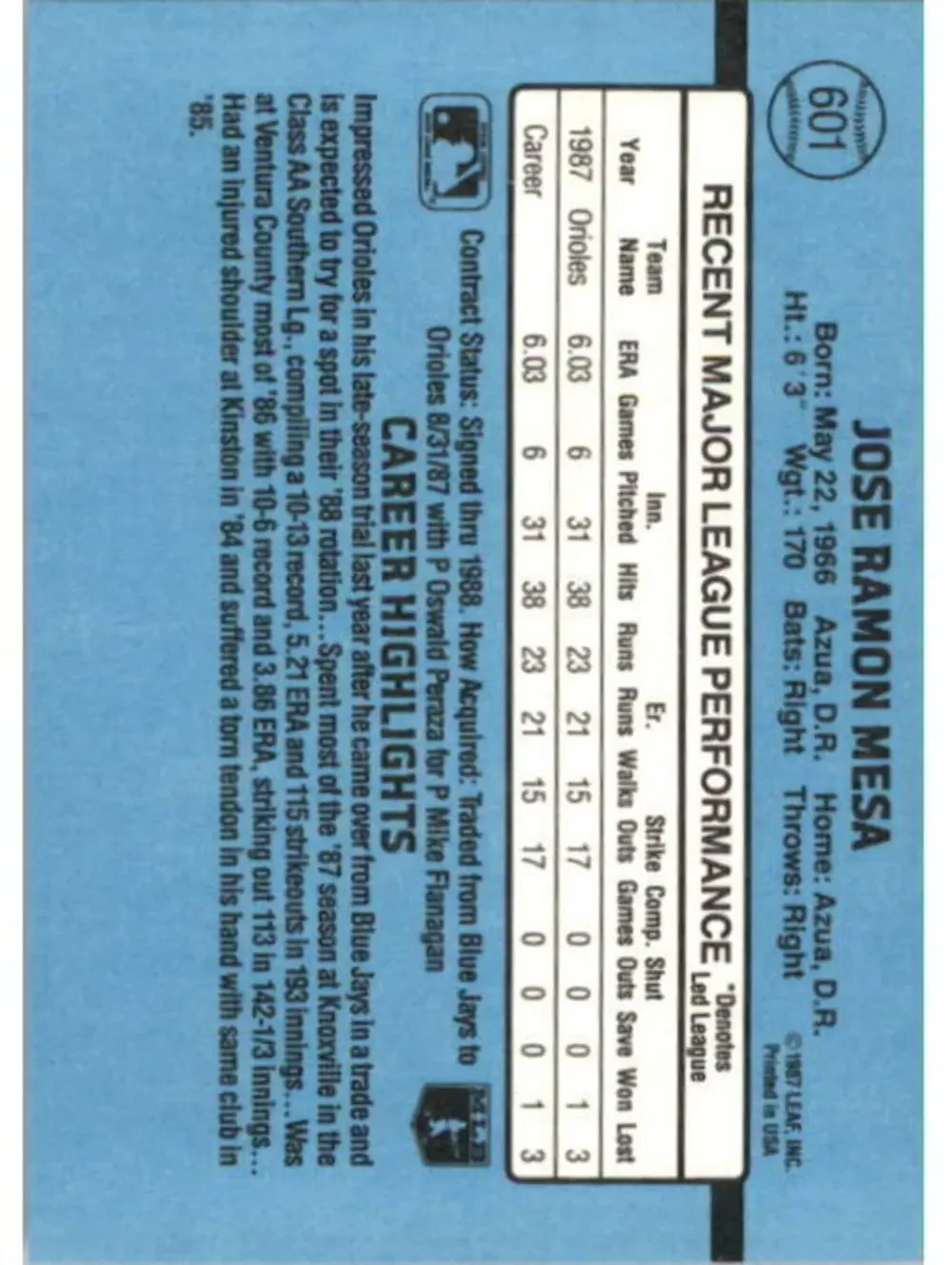 1988 Jose Mesa Donruss Baseball Card #601